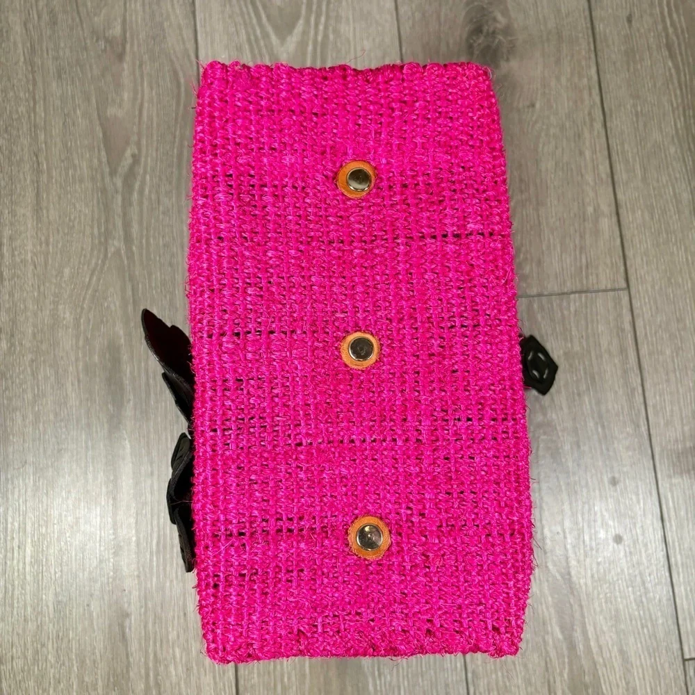Pink Woven Handbag with Black Floral Accents - Picture 7 of 7